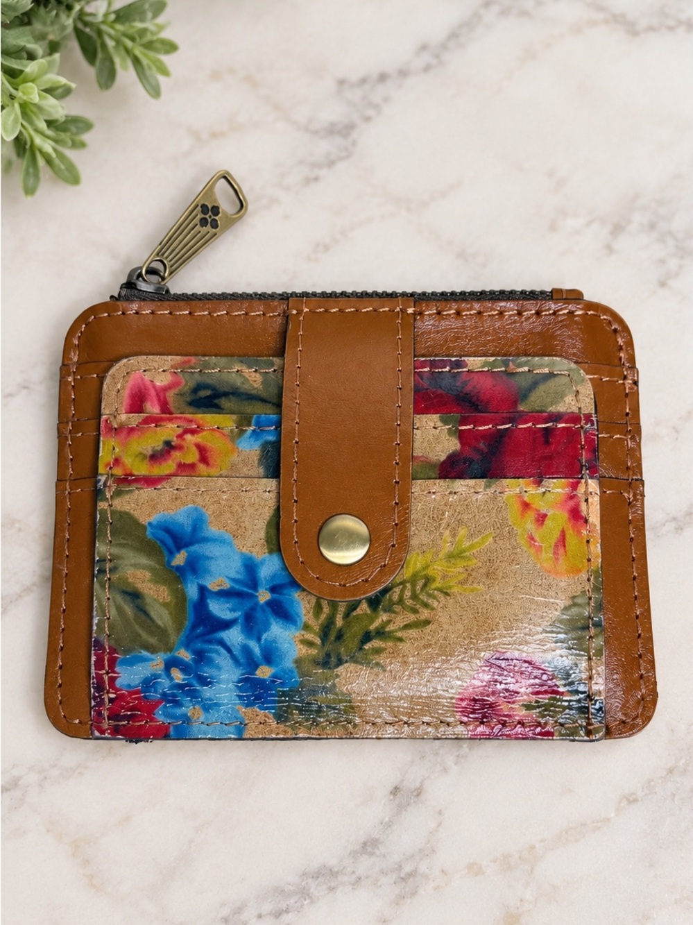 Patricia Nash Cassis Floral Leather RFID ID Card Case Wallet Multicolor Tan EUC